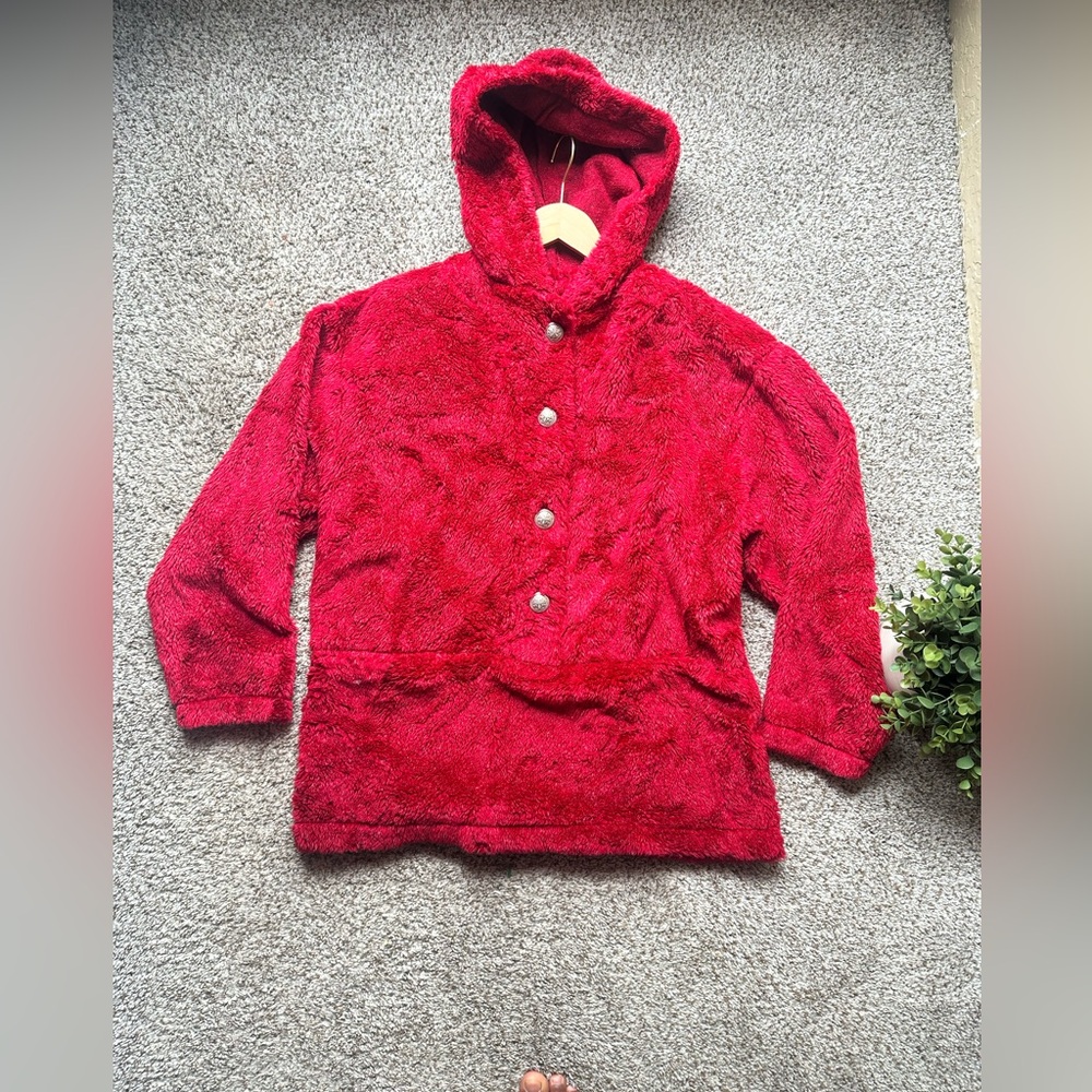 Vtg NOT FUR REAL By Duffel Women’s Large Fleece Jacket  Faux Fur Red USA Made